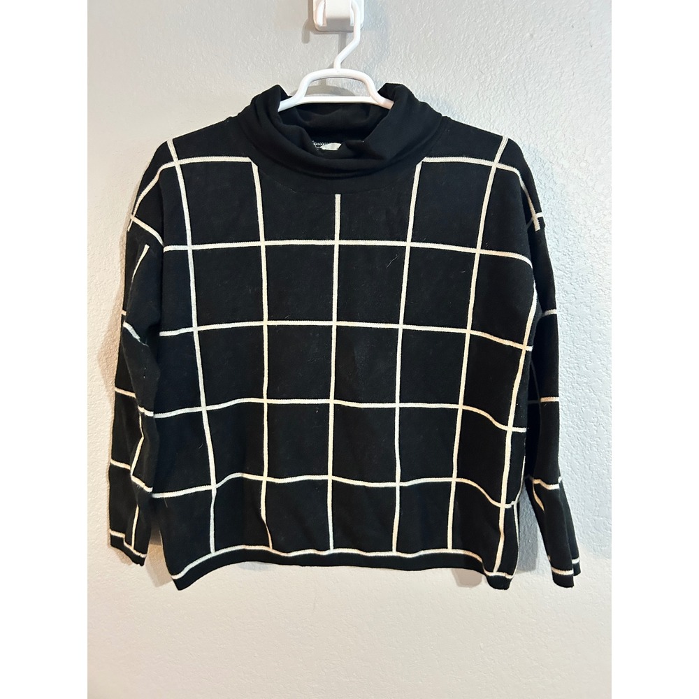 Betseys Boutique Shop Black White Grid Windowpane Cowl Neck Sweater Large